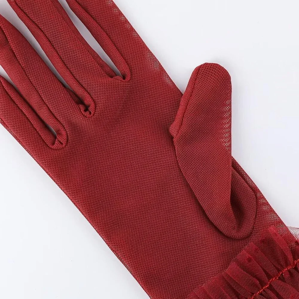 Women's Short Lace Burgundy Sheer Mesh Tea Party Prom Gloves Banquet Costume